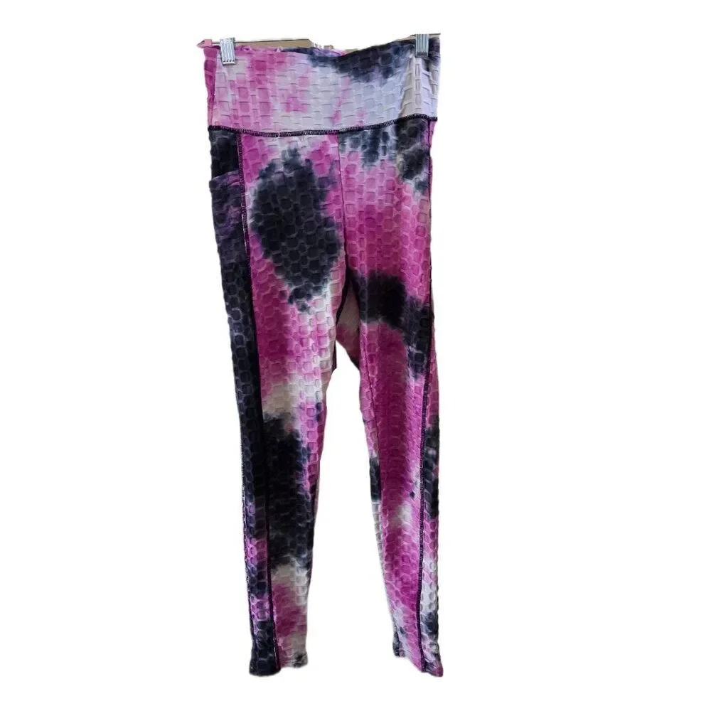Women's 3 Piece Pink/Gray/Purple Tie Dye Honeycomb Active Wear Set Size S/M - Picture 6 of 8